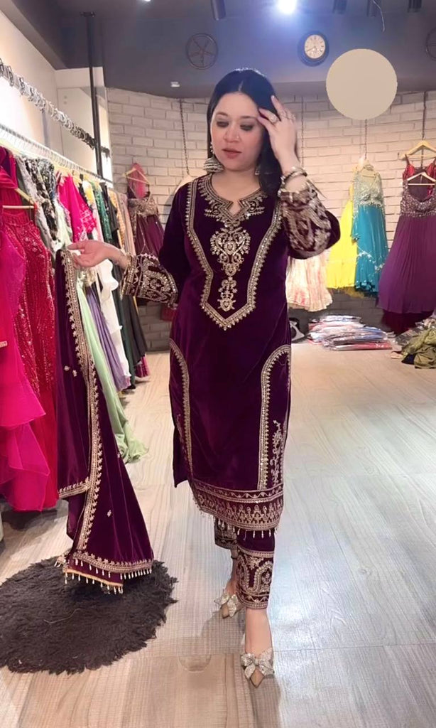 Wine Viscose Velvet Cording Dori Work Salwar Suit