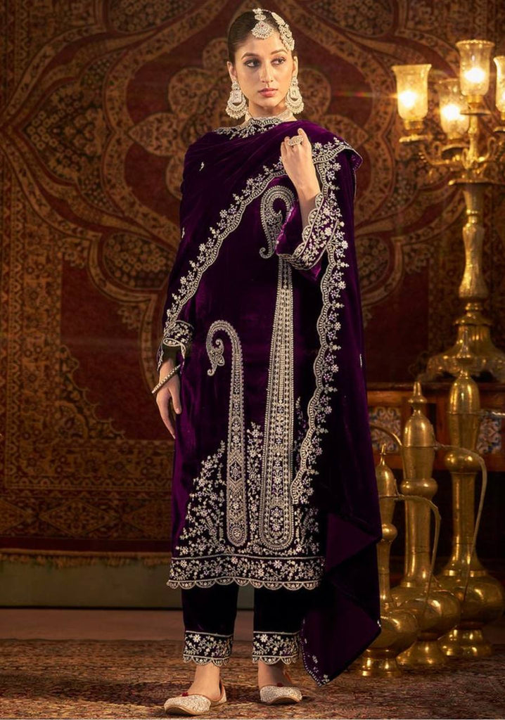 Wine Viscose Velvet Sequence Embroidery Work Salwar Suit