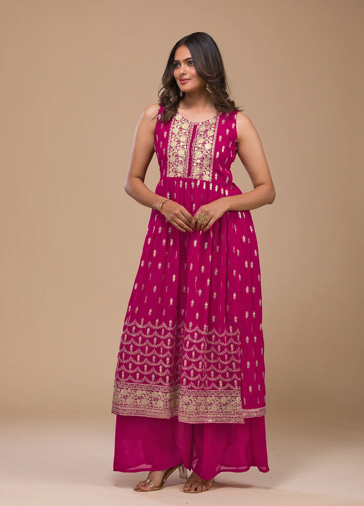 Rani Pink Faux Georgette Sequence Embroidery Work Top Bottom With Dupatta