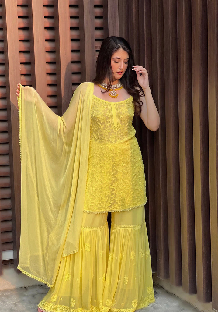 Yellow Strappy Viscose Georgette Chikankari Gharara Set