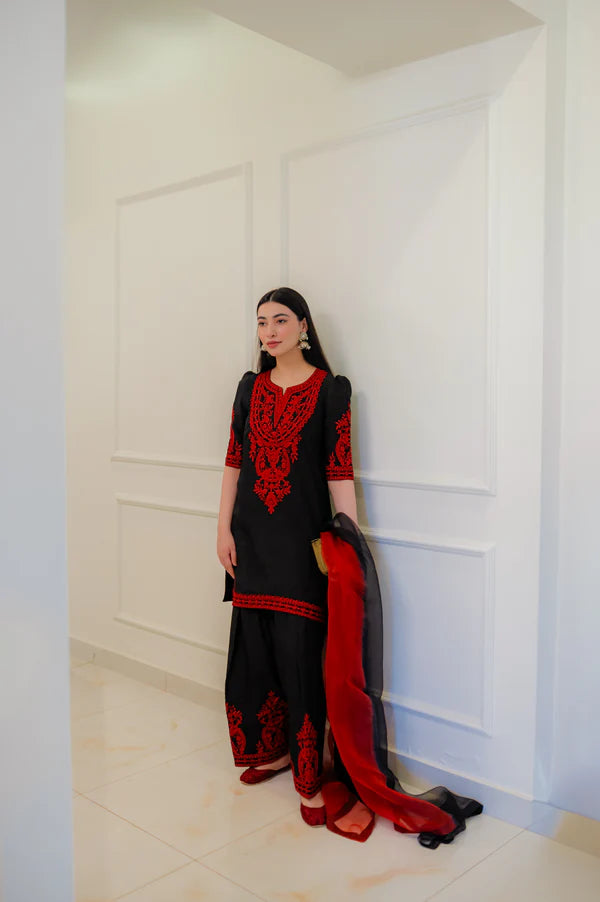 Black Chinon Silk Embroidery Work Top Palazzo With Dupatta Set