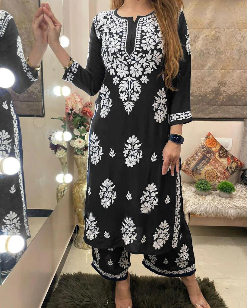 Rayon Cotton Chikankari Kurta With Palazzo main image 0