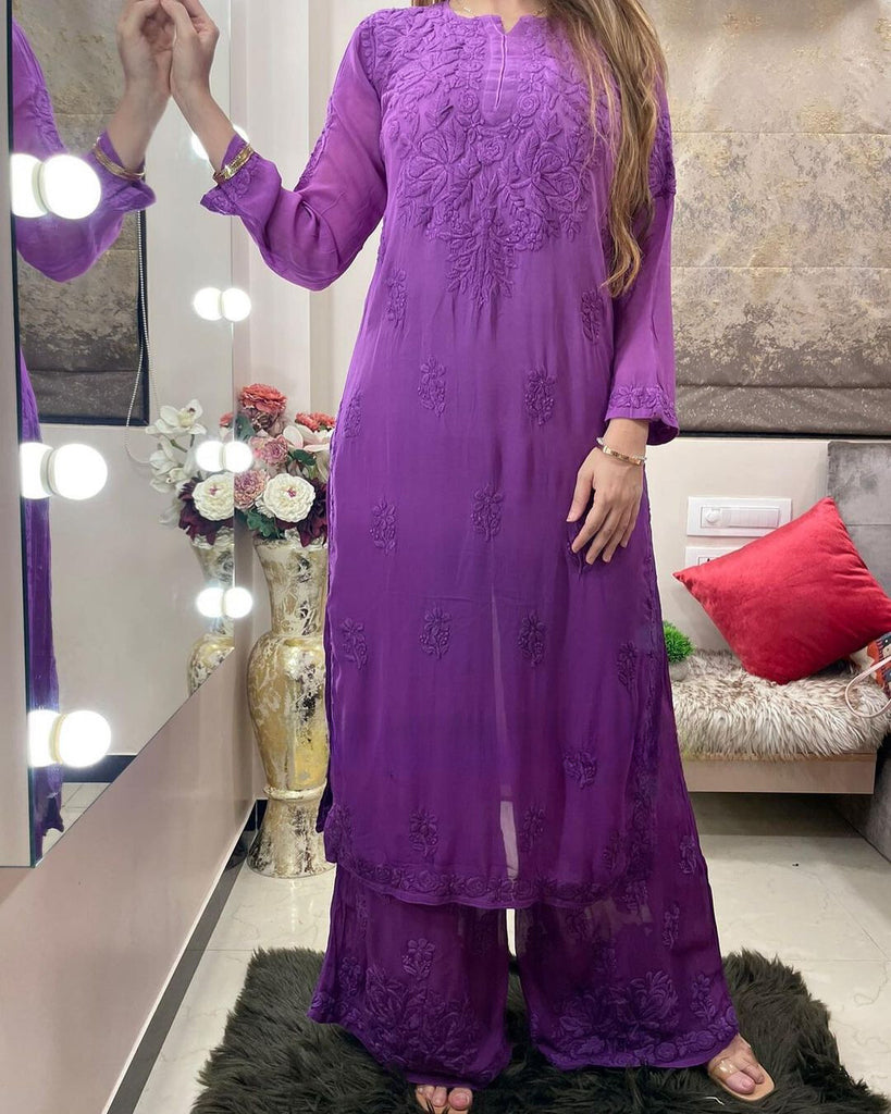 Viscose Georgette Chikankari Kurta With Palazzo Set