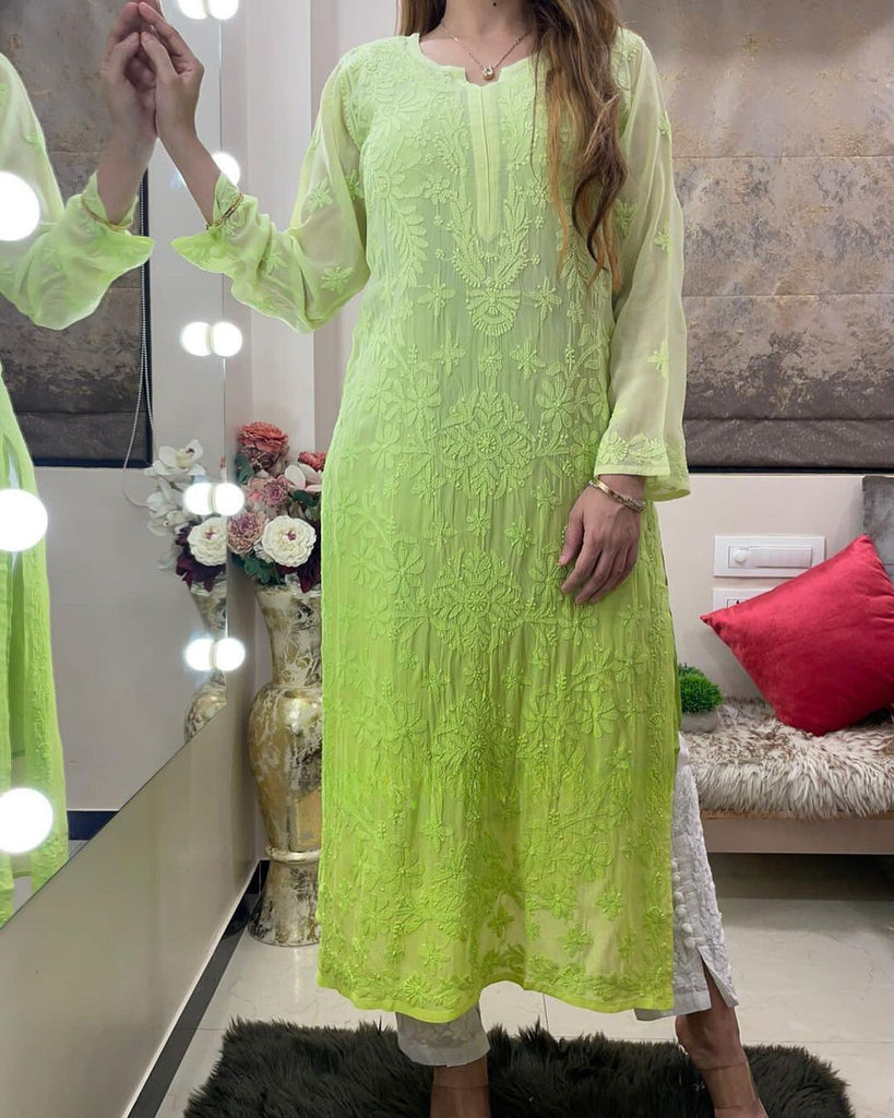 Ombre Viscose Georgette Chikankari Kurta With Pant Set