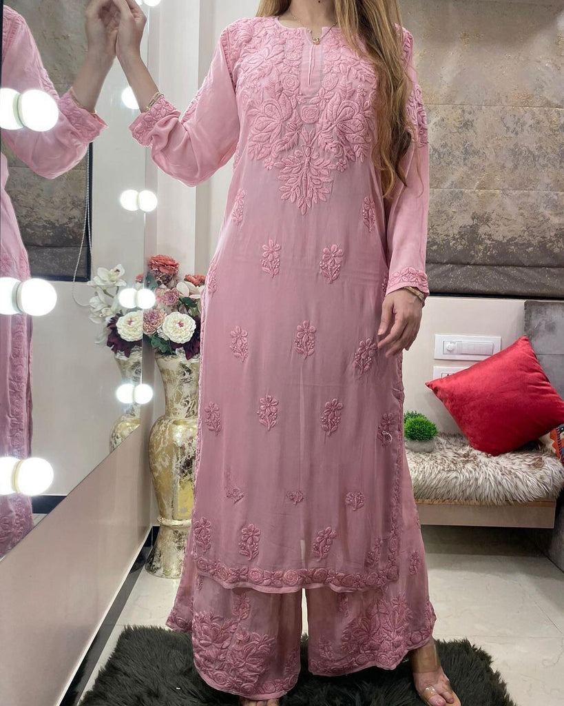 Viscose Georgette Chikankari Kurta With Palazzo Set