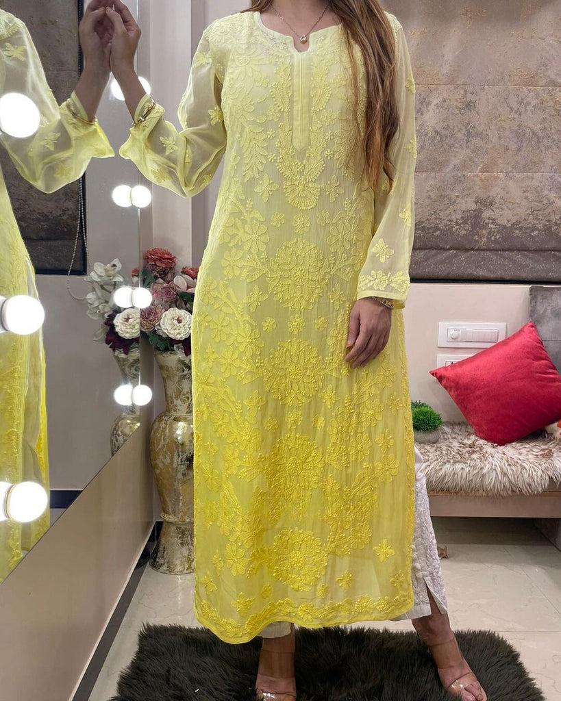 Ombre Viscose Georgette Chikankari Kurta With Pant Set