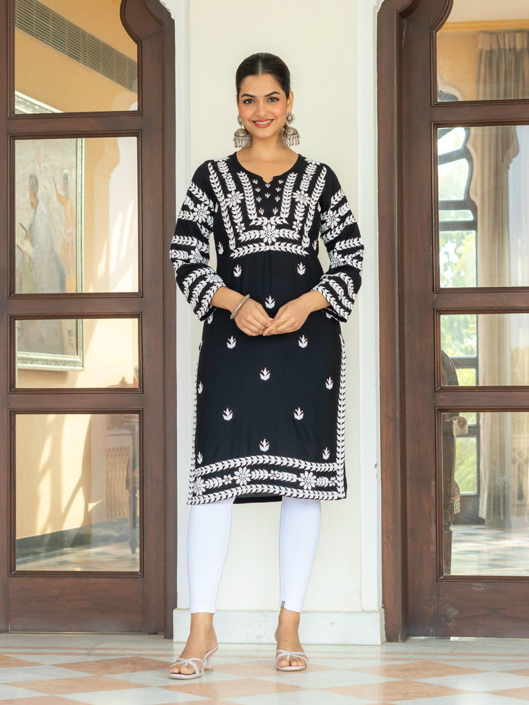 Women Black Chikankari Embroidered Straight Kurta | Regular Fit | Elegant Ethnic Wear