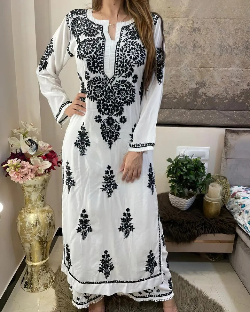 White Rayon Cotton Chikankari Kurta With Palazzo Set