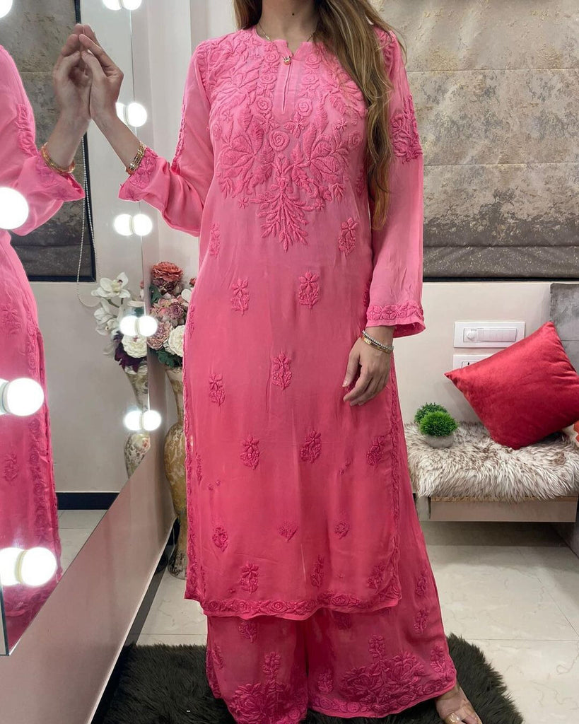 Viscose Georgette Chikankari Kurta With Palazzo Set