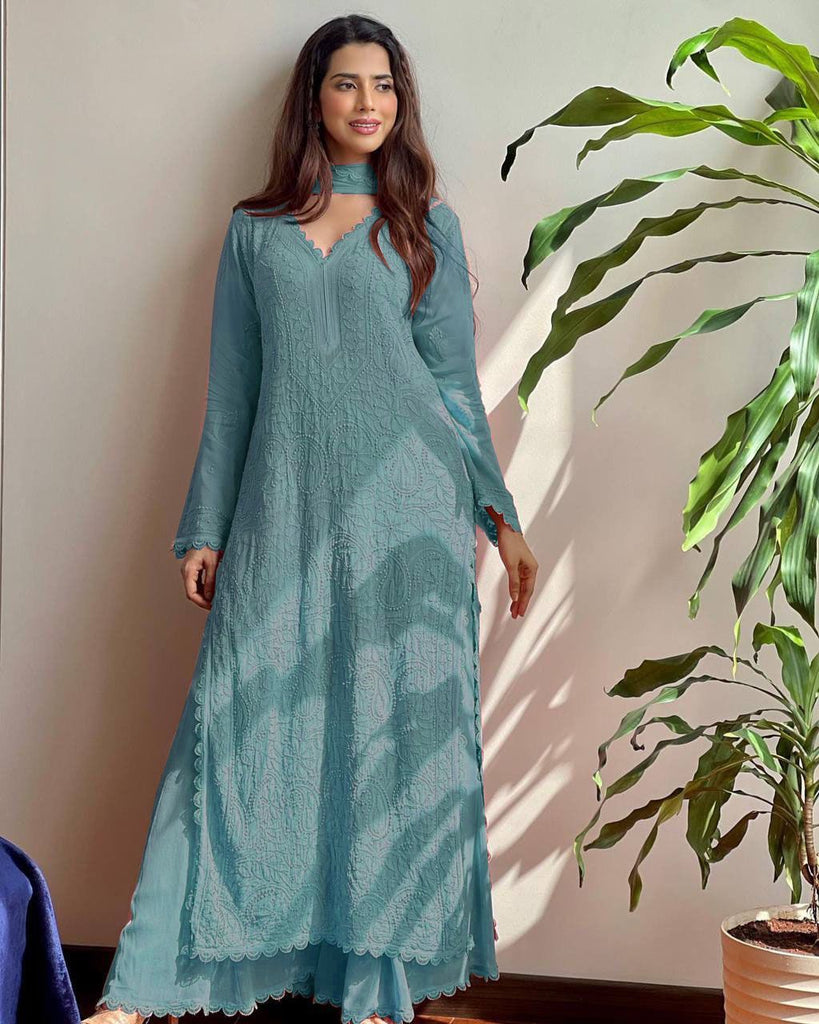 Rama Viscose Georgette Silk Chikankari Kurta With Palazzo And Dupatta Set