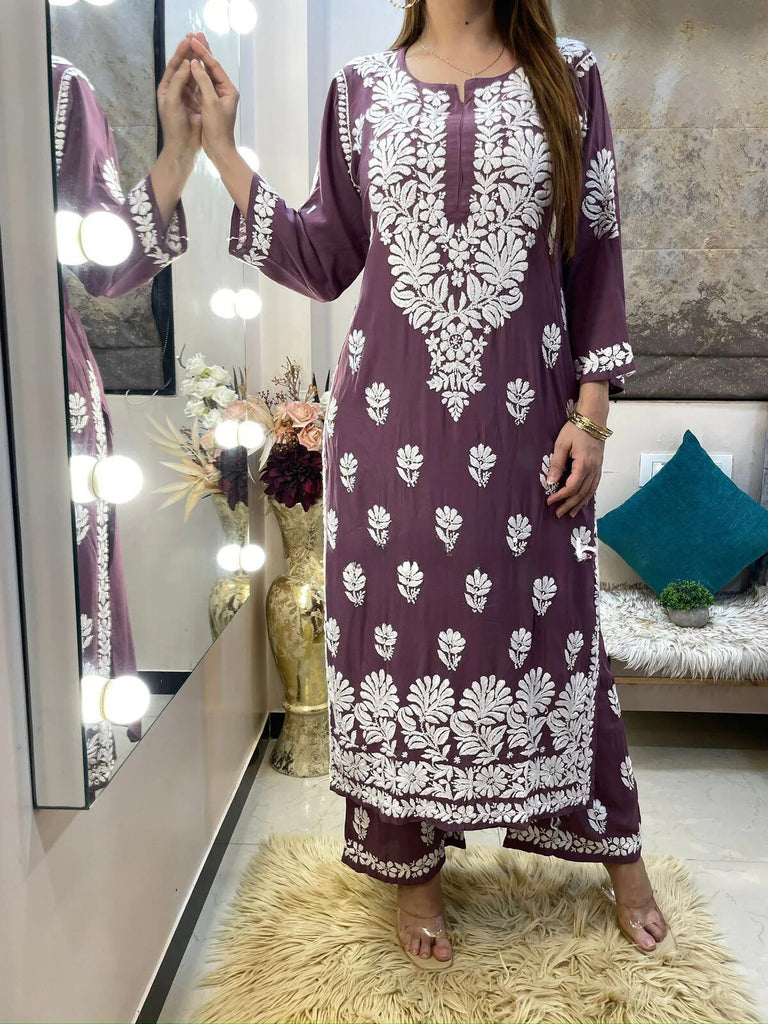 Rayon Cotton Chikankari Kurta Palazzo Set