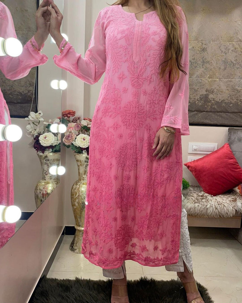 Ombre Viscose Georgette Chikankari Kurta With Pant Set