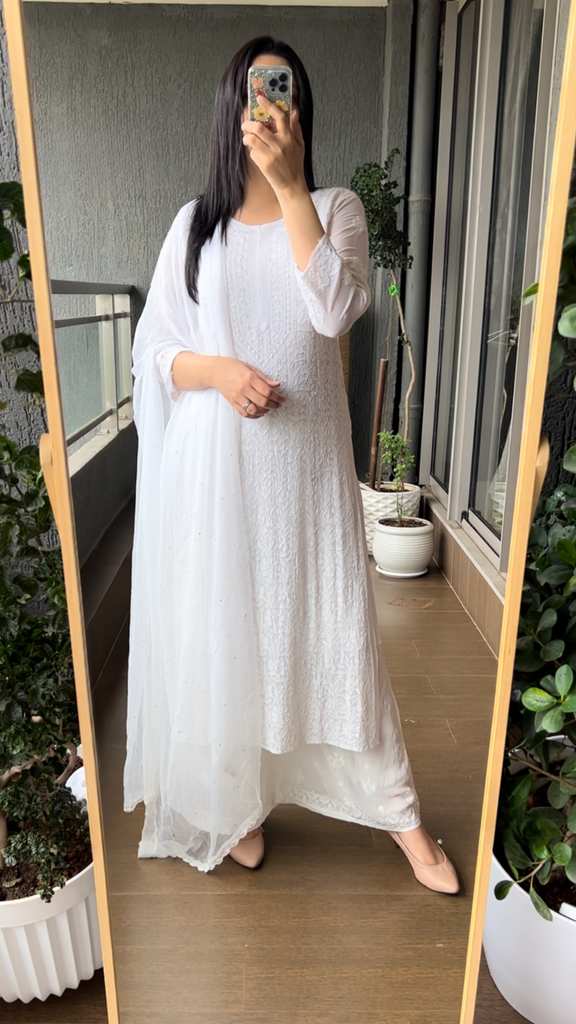 Viscose Georgette Chikankari Kurta With Palazzo And Dupatta