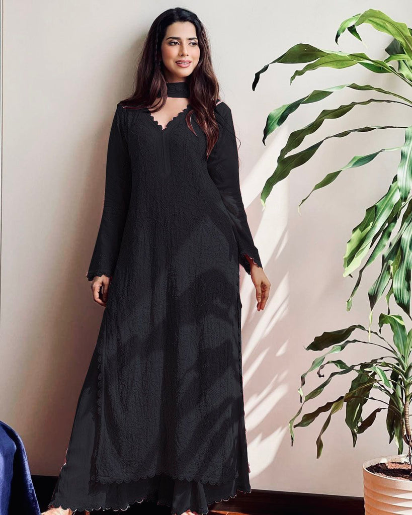 Black Viscose Georgette Silk Chikankari Kurta With Palazzo And Dupatta Set