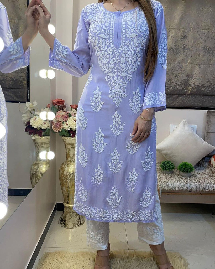 Rayon Cotton Chikankari Kurta With Pant Set