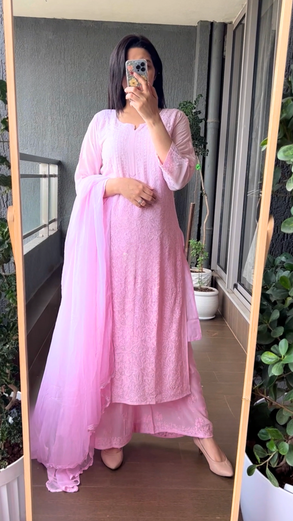 Rose Pink Viscose Georgette Chikankari Kurta With Palazzo And Dupatta