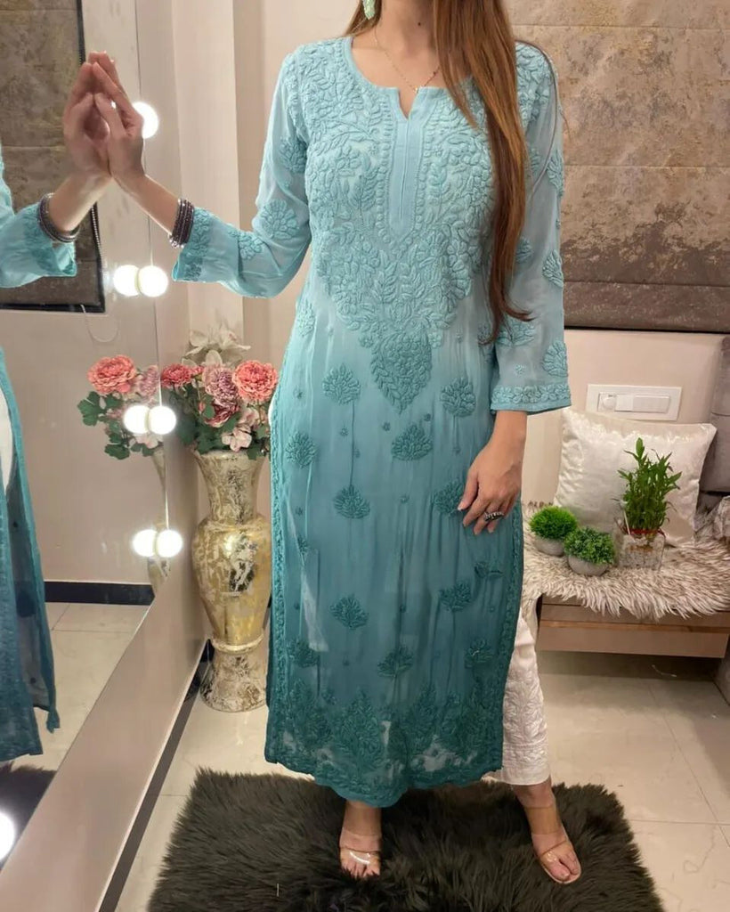 Ombre Sea Green Viscose Georgette Chikankari Kurta With Pant