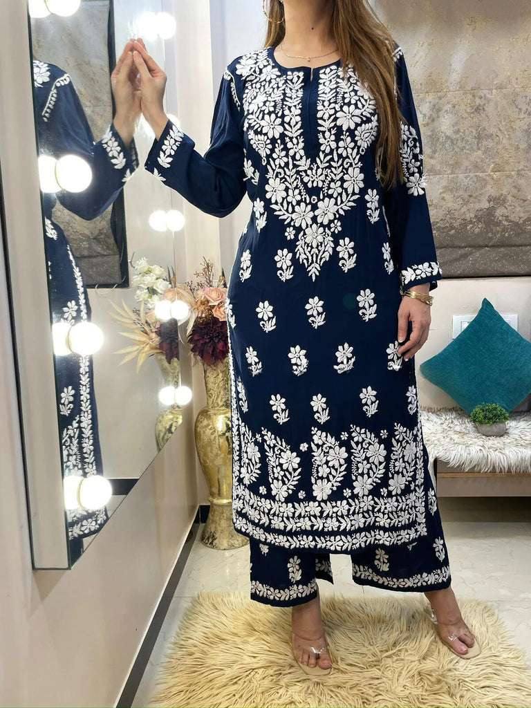 Rayon Cotton Chikankari Kurta Palazzo Set