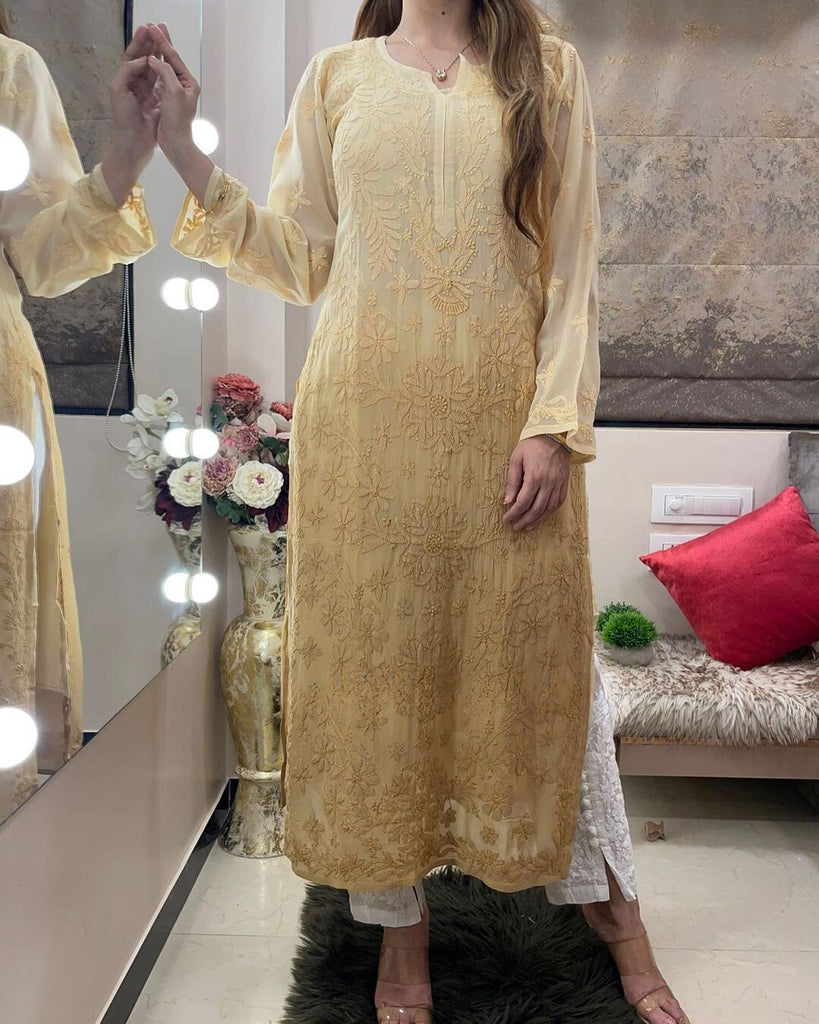 Ombre Viscose Georgette Chikankari Kurta With Pant Set