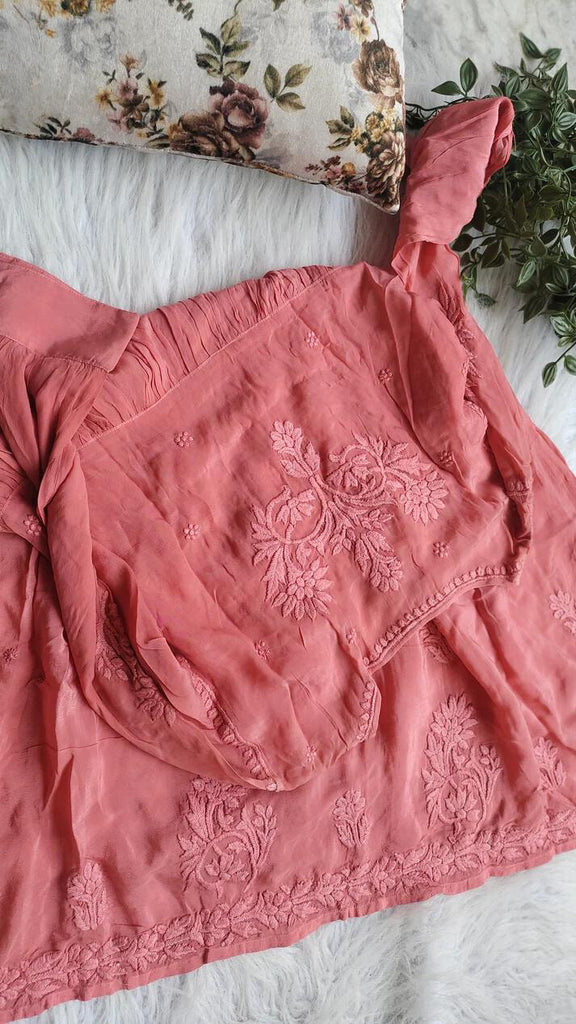 Peach Premium Silk Afghani Chikankari Tunic Set