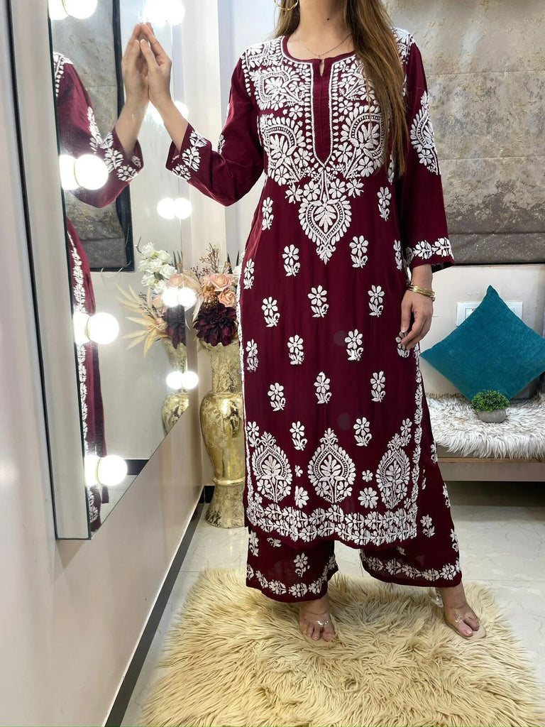 Rayon Cotton Chikankari Kurta Palazzo Set