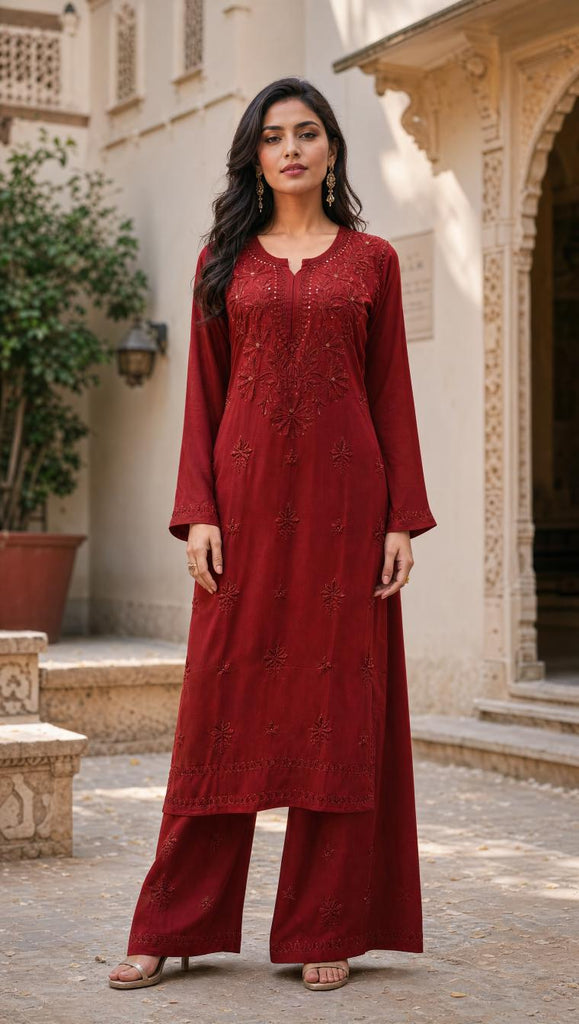 Women Burgundy Maroon Chikankari Kurta Palazzo Set | Elegant Ethnic Co-ord Set