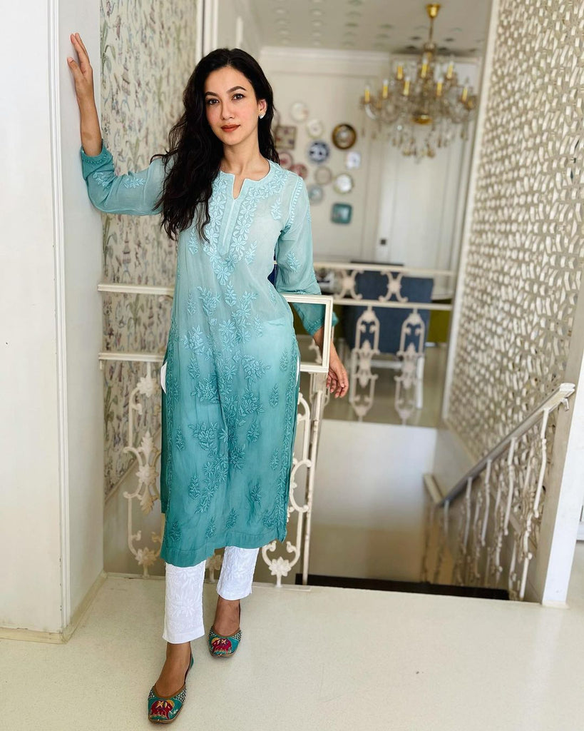 Ombre Sea Green Viscose Georgette Chikankari Kurta With Pant