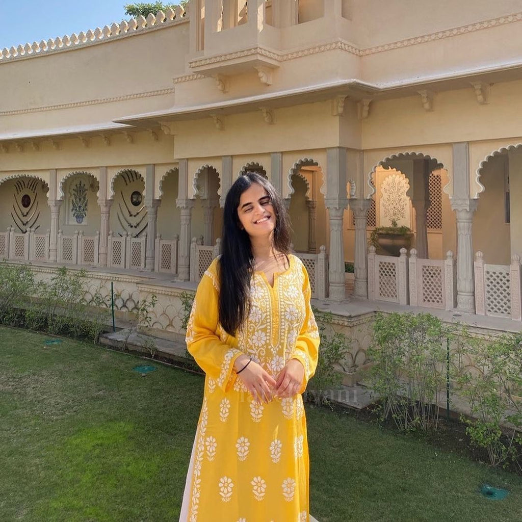 Yellow Rayon Cotton Chikankari Kurta With Palazzo