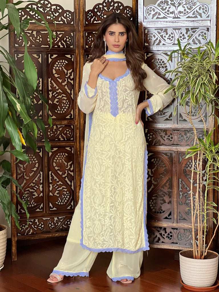 Cream Viscose Georgette Silk Chikankari Kurta With Palazzo And Dupatta Set