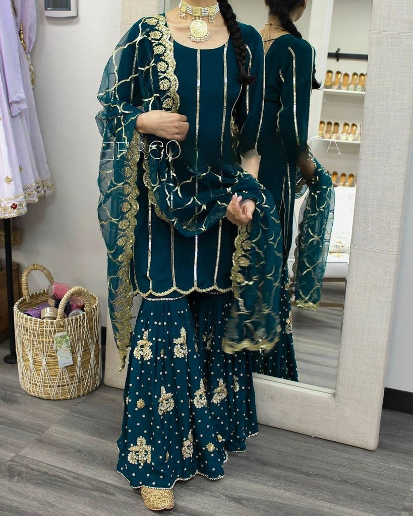 Rama Green Pure Parampara Silk  Embroidery Work Sharara Suit