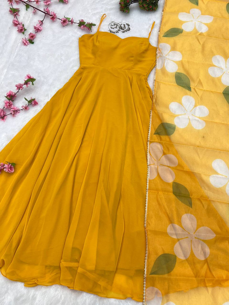 Yellow Pure Soft Fox Georgette Gown With Duppta