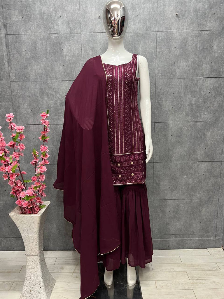 Wine Heavy Pure Soft Georgette Sharara Suit