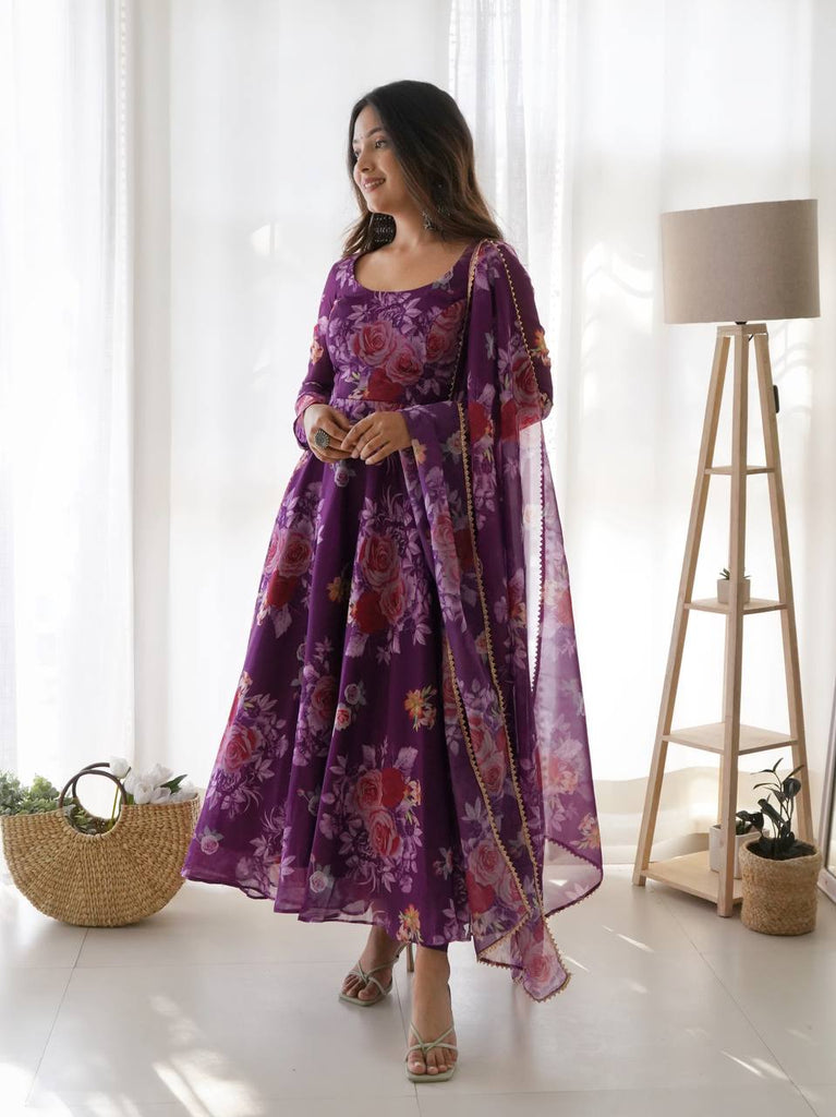 Purple Soft Tabby Organza Silk Digital Printed Gown