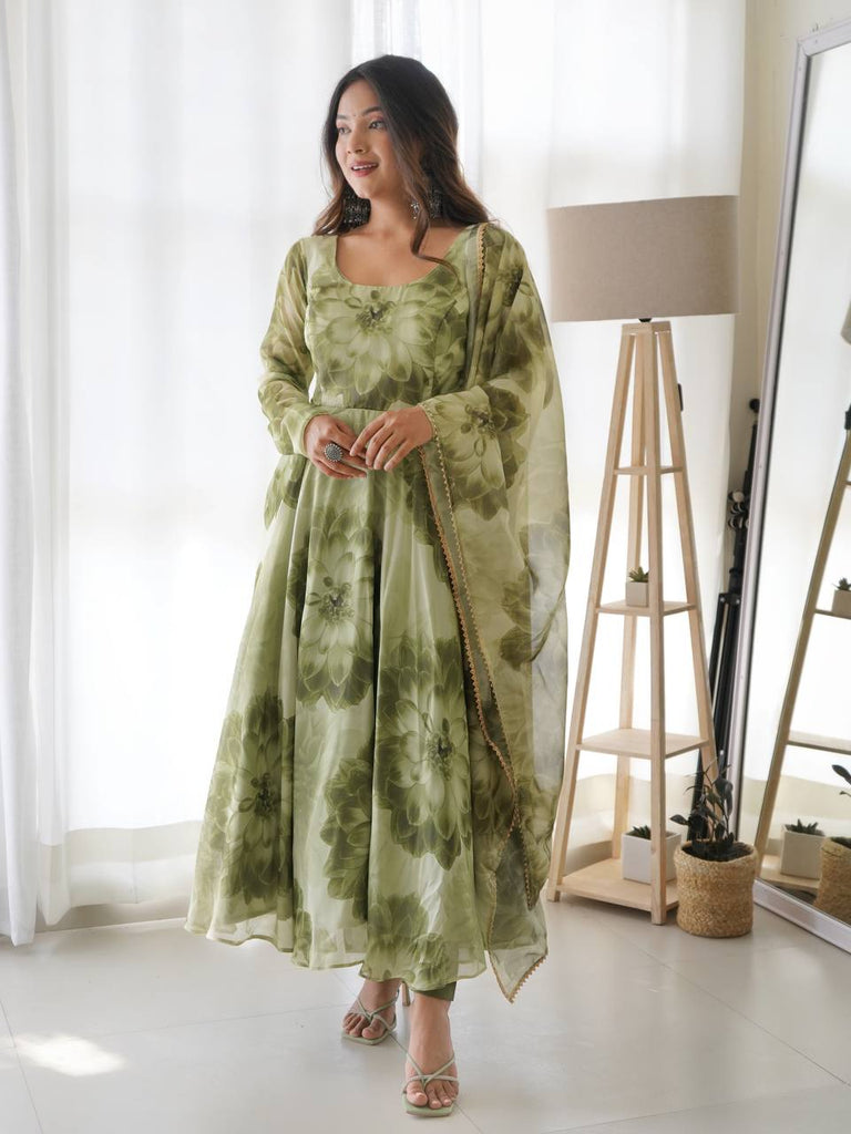 Green Tabby Organza Silk Digital Printed Gown