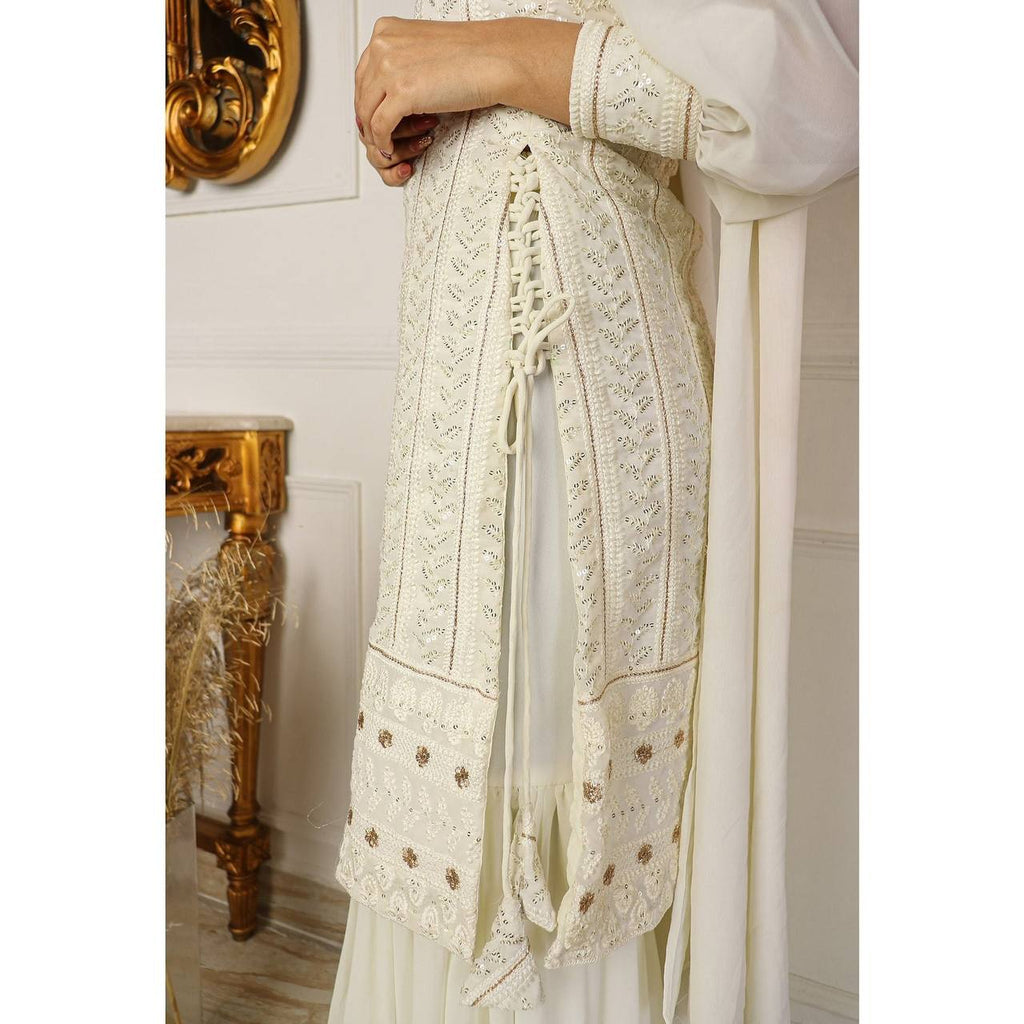 Off White Soft Georgette Lucknow Embroidery Work Sharara Suit – SurtiSilk