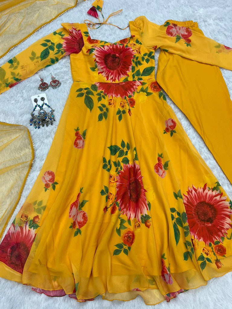 Yellow Pure Soft Fox Georgette Floral Printed Gown