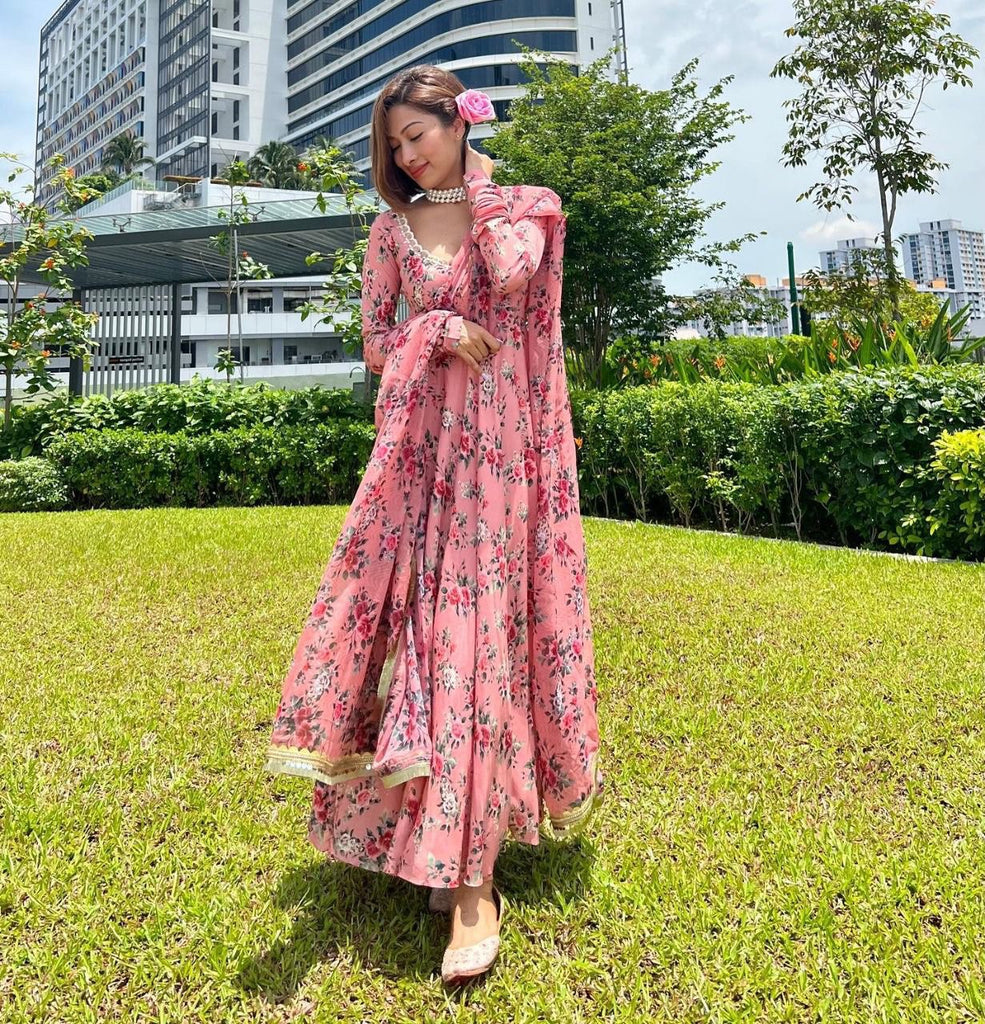 Pink Pure Fox Georgette Floral Printed Gown