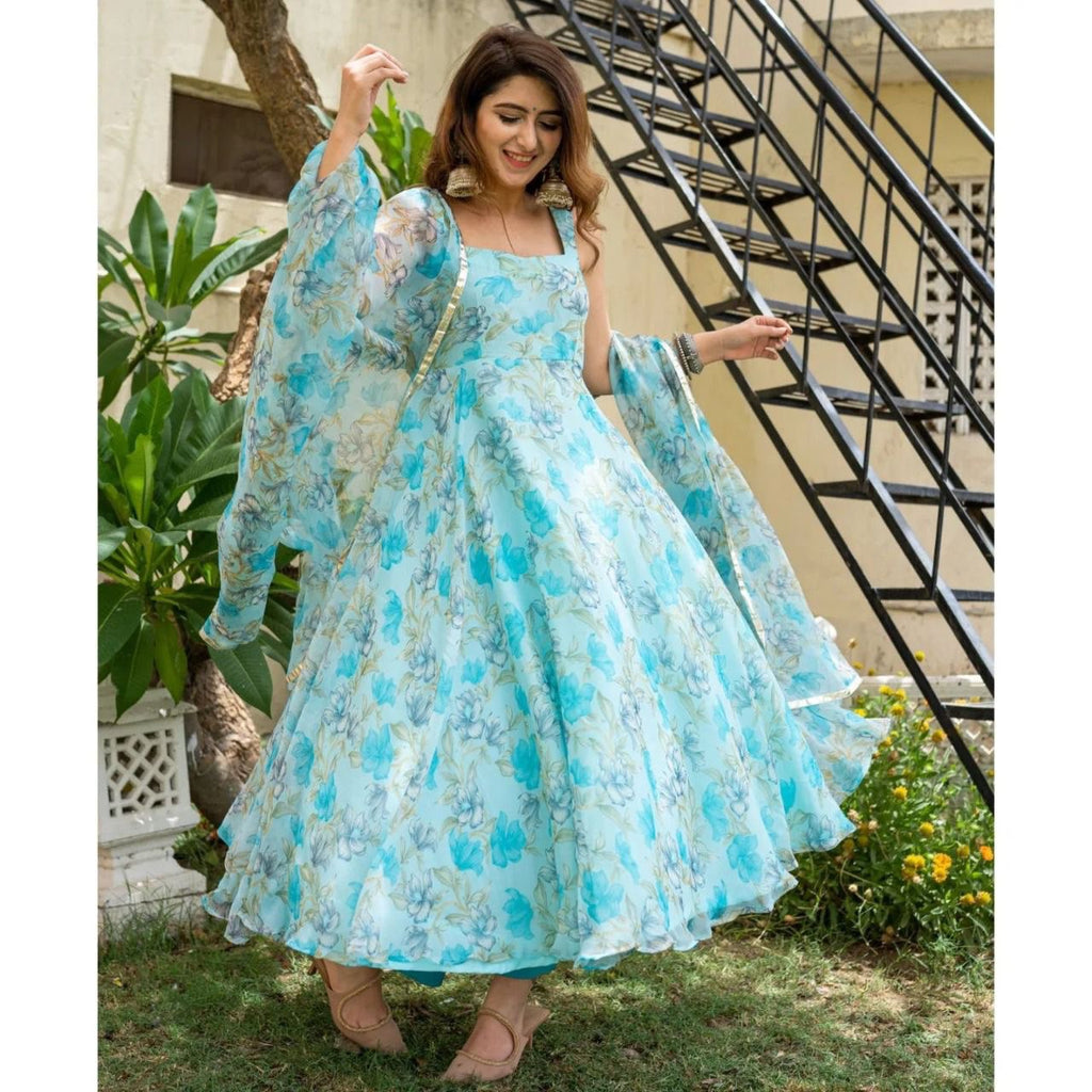 Sky Blue Heavy Pure Chinnon Chiffon Silk Gown