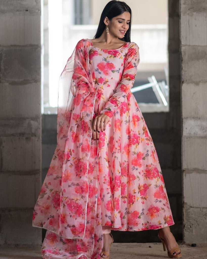 Pink Pure Chanderi Cotton Floral Printed Gown