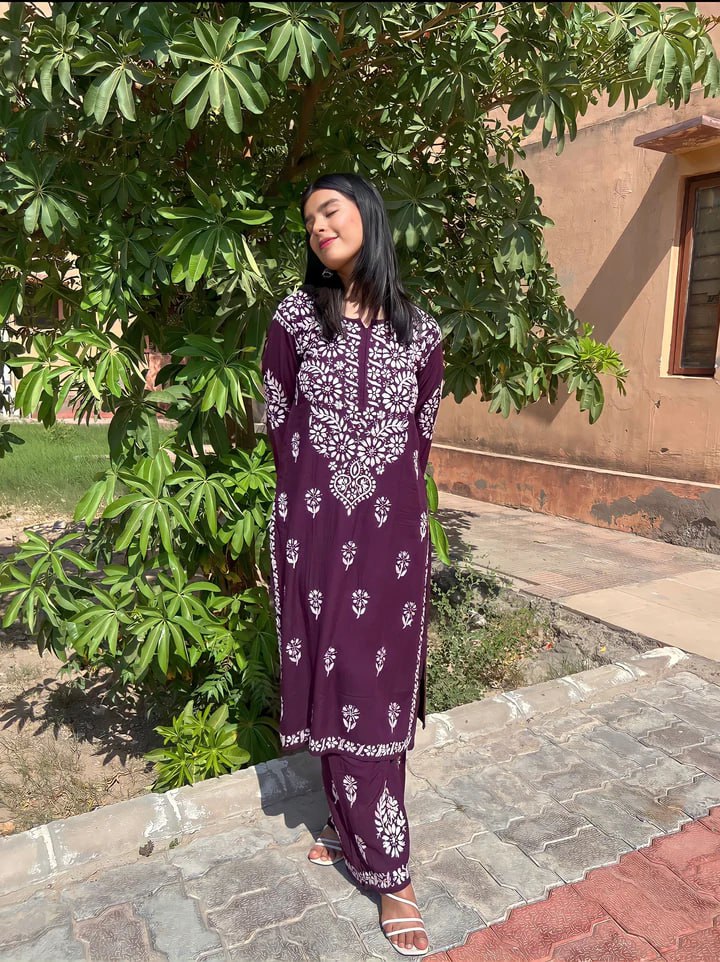 Rayon Cotton Chikankari Kurta With Palazzo Set