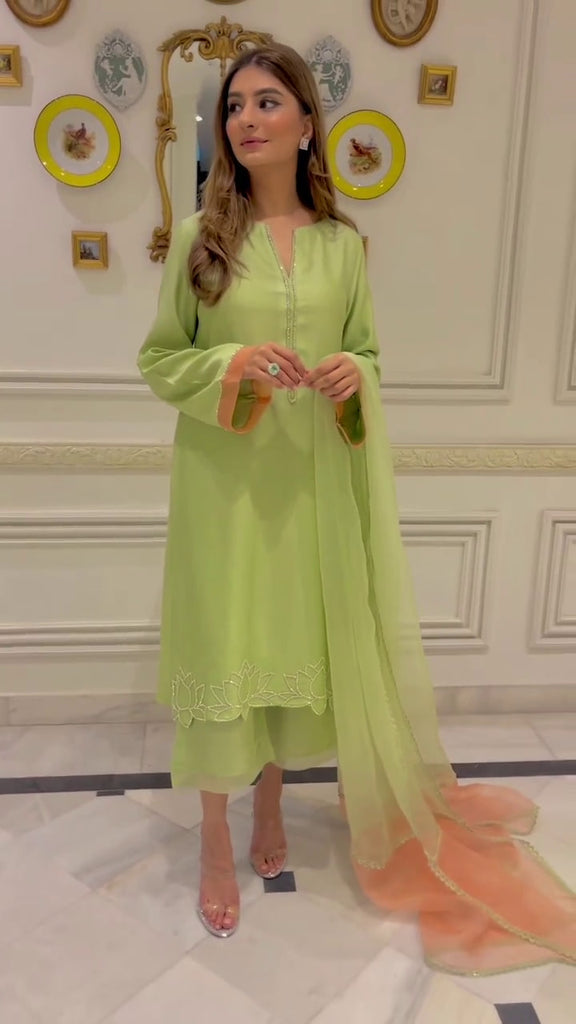 Pista Green Crape Silk Salwar Suit WIth Pant And Organza Dupatta