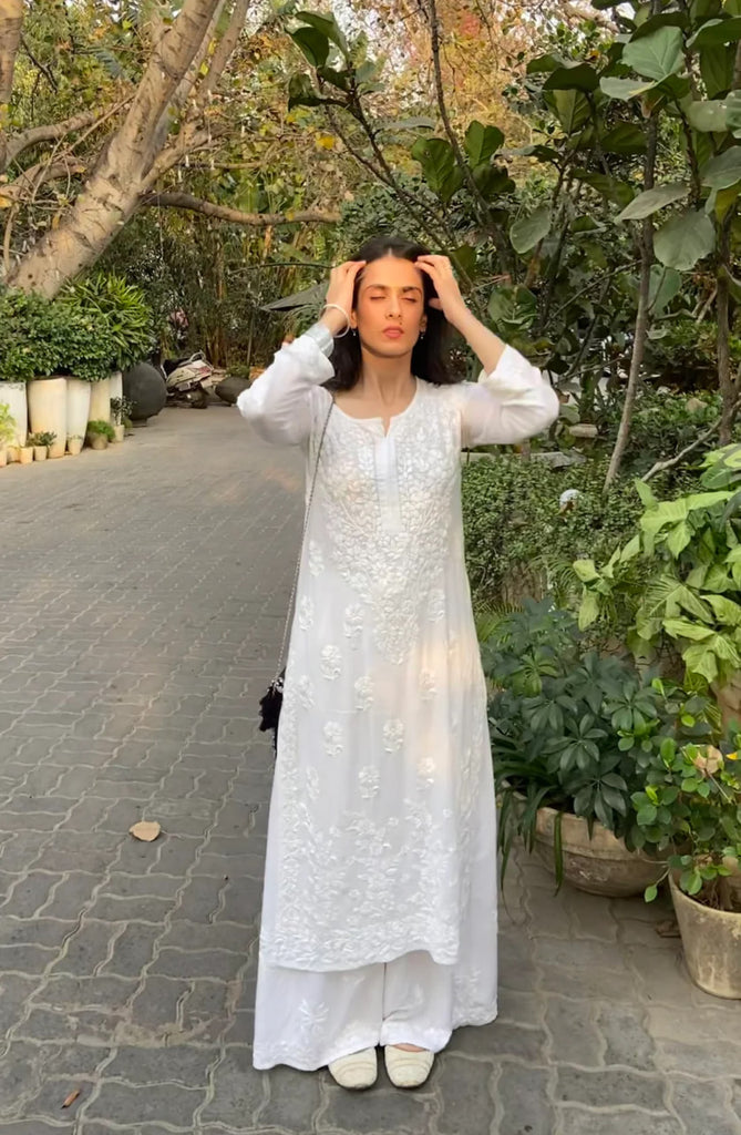 Handmade Women White Chikankari Embroidered Kurta with 2024 Palazzos MM-755