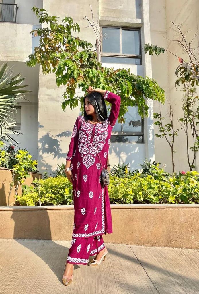 Rayon Cotton Chikankari Kurta With Palazzo Set