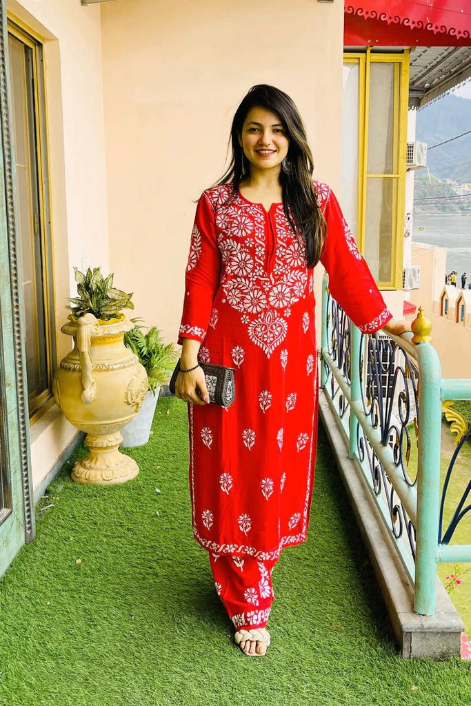 Rayon Cotton Chikankari Kurta Palazzo Set