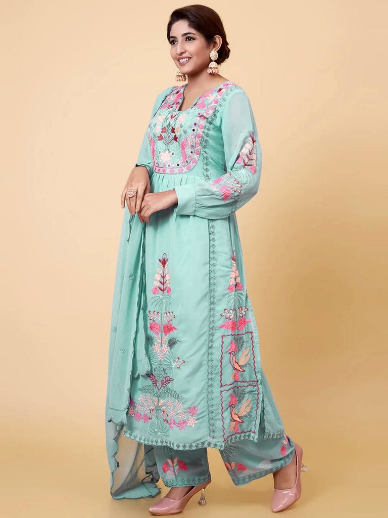 Sea Green Faux Georgette Embroidered Kurta With Pant And Dupatta Set