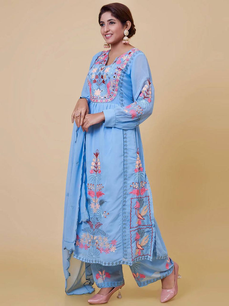 Faux Georgette Embroidered Kurta With Pant And Dupatta Set