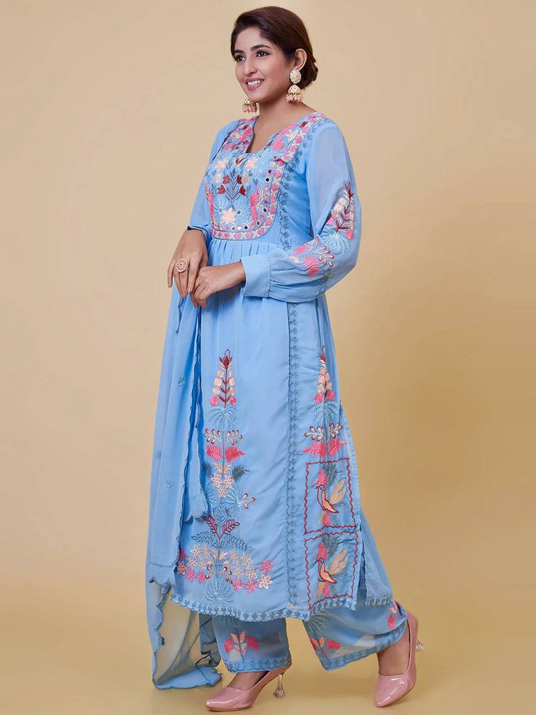 Blue Faux Georgette Embroidered Kurta With Pant And Dupatta Set