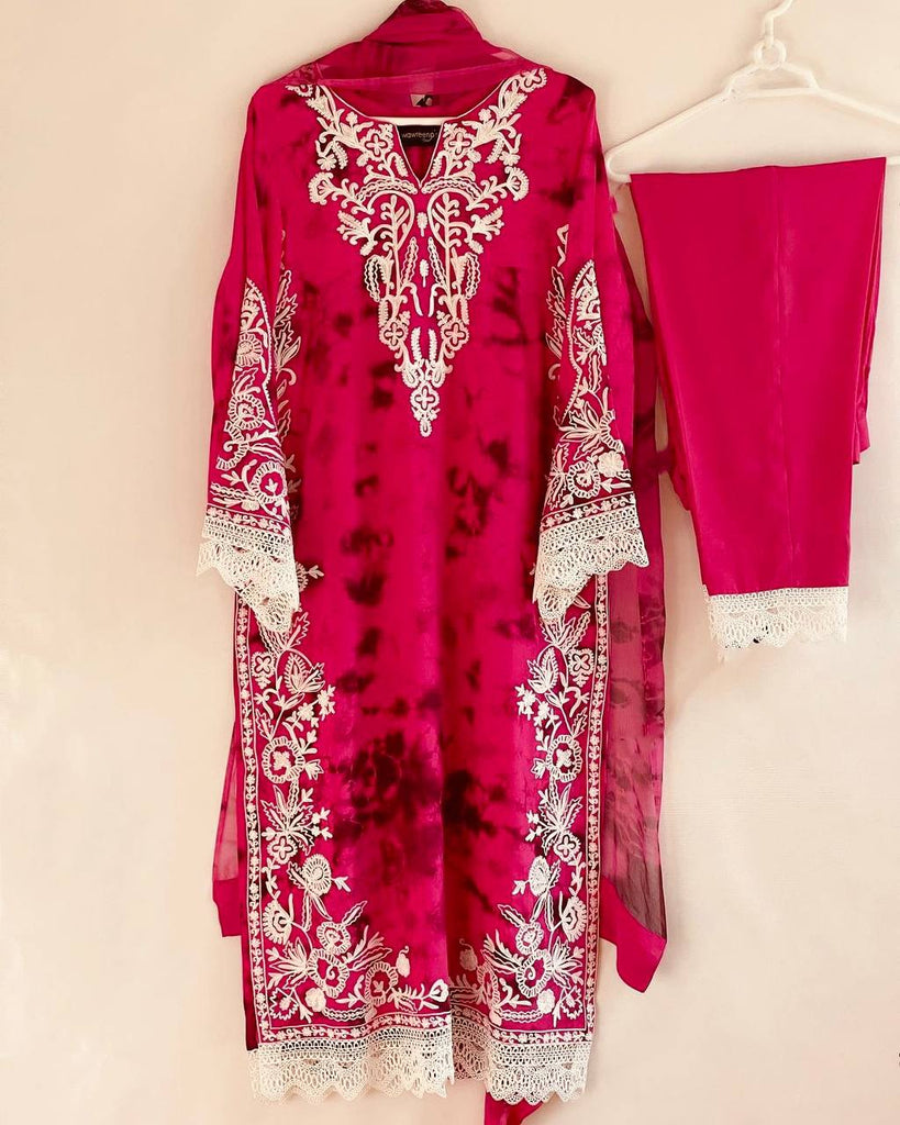 Tie Dye Rani Pink Rayon Cotton Thread Embroidered Kurta Pant With Dupatta Set