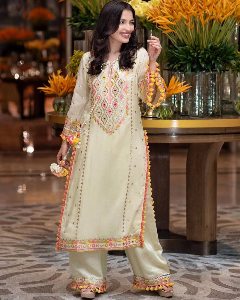 Cream Faux Georgette Sequence Embroidery Work Kurta With Palazzo And Dupatta