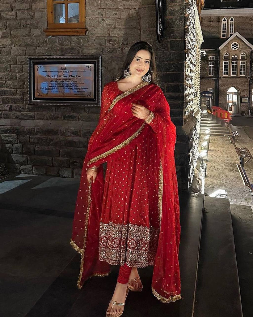 Red Faux Georgette Sequence Embroidery Work Gown With Dupatta